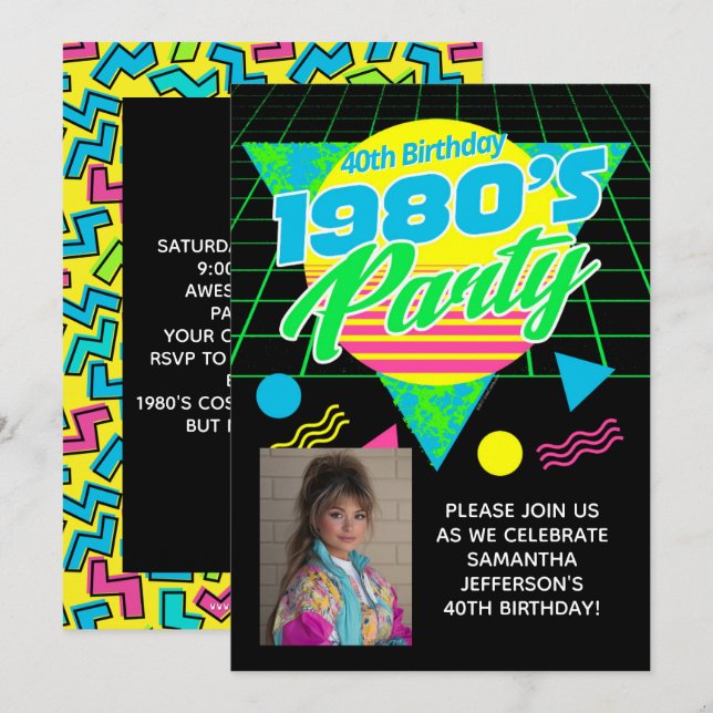 Invitación Fiesta geométrica de los años 80, 40, de cumpleaño (Anverso / Reverso)