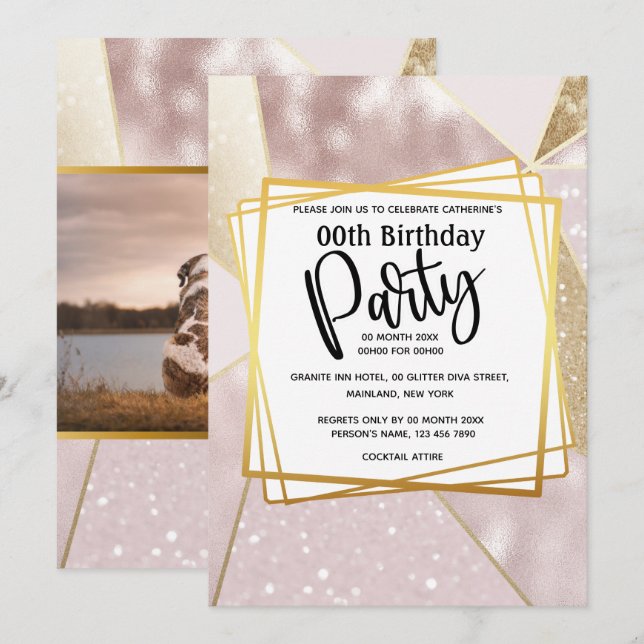 Invitación fiesta geométrico color rosa Purpurina (Anverso / Reverso)