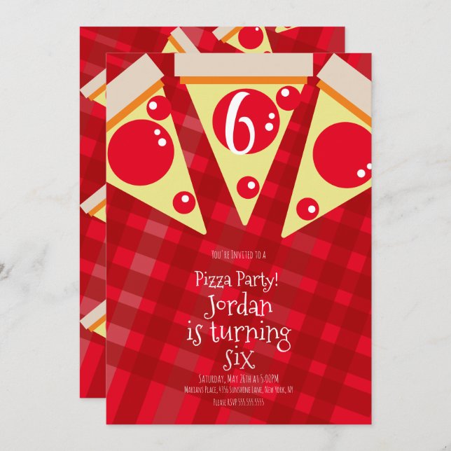 Invitación Fiesta Geométrico Pizza Slices Cumpleaños Rojo (Anverso / Reverso)