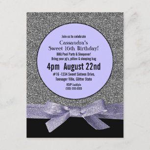 Invitación Fiesta Girly, Purpurina de la Faux de Plata y Púrp