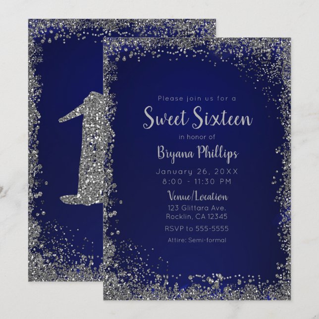Invitación Fiesta Glam de Dulces 16 con Azul Real y Brillo de (Anverso / Reverso)