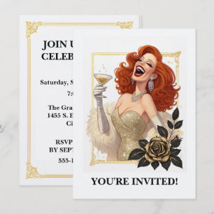Invitación Fiesta Glam Luxe Diva Glamour en Oro Personaliza