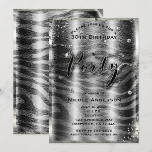Invitación Fiesta Glam Moderna Negra Blanca Cebra y Plata Bri