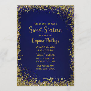 Invitación Fiesta Glamurosa de Dulces 16 con Brillo Azul Real