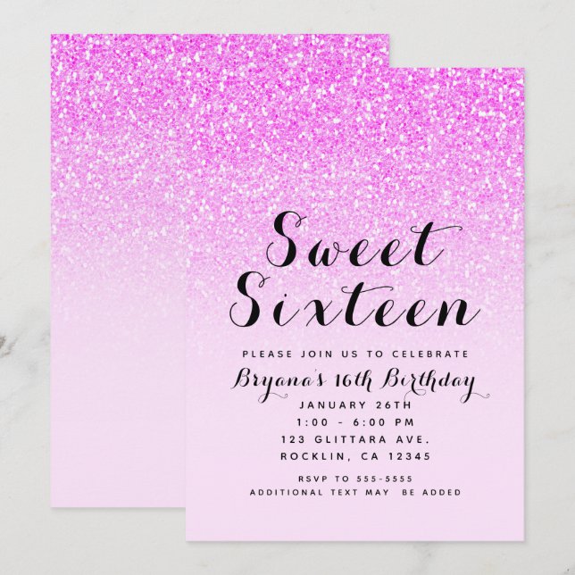 Invitación Fiesta Glamurosa de Dulces 16 con Brillo Rosa Bril (Anverso / Reverso)