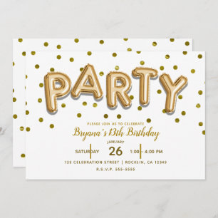 Invitación FIESTA Globos de Oro y Confetti Cumpleaños CUALQUI