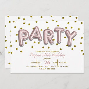 Invitación FIESTA Globos Pink Rose Gold Birday CUALQUIER COLO