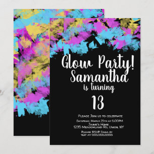 Invitación Fiesta Glow Arte Neon Cumpleaños Abstracto