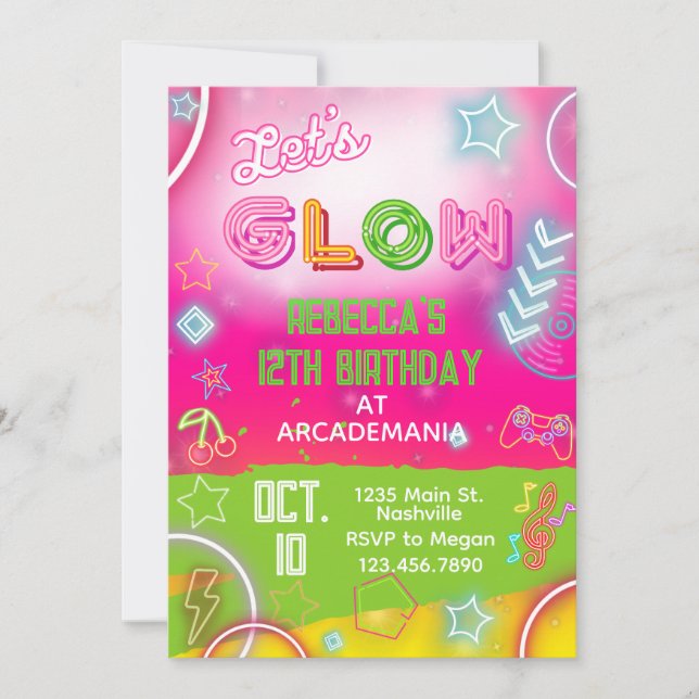Invitación Fiesta Glow Neon de la Sala de Juegos de Cumpleaño (Anverso)