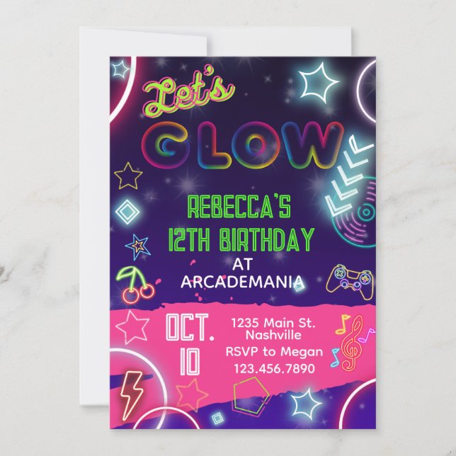 Invitación Fiesta Glow Neon de la Sala de Juegos de Cumpleaño (Anverso)