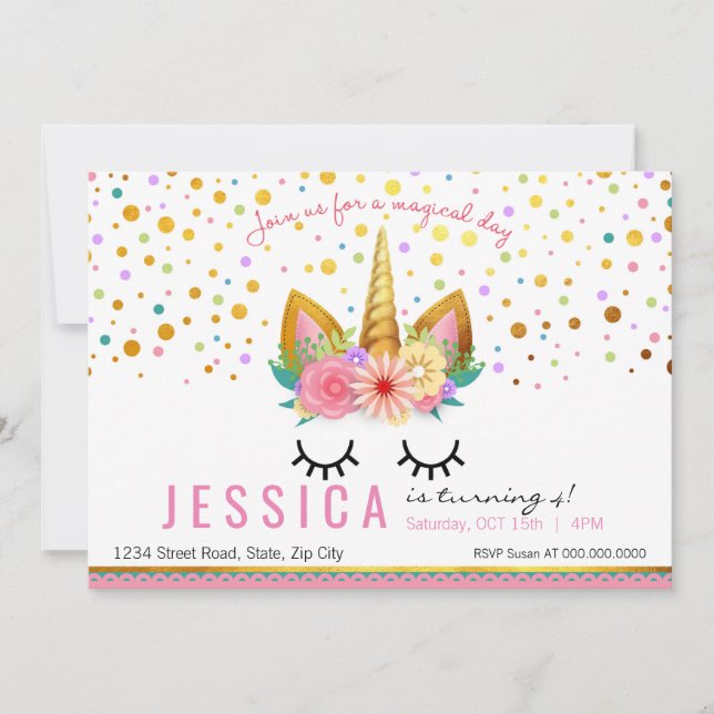 Invitación Fiesta Gold Floral Unicorn (Anverso)