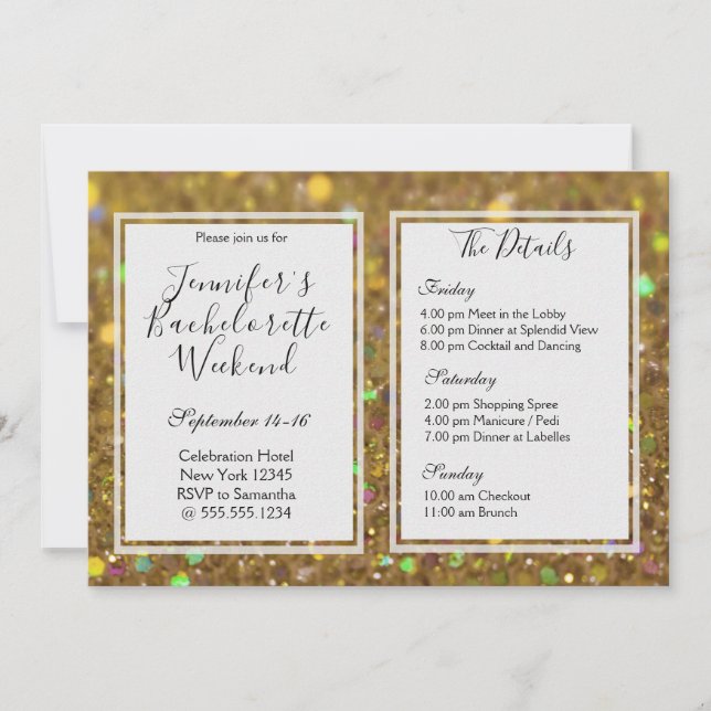 Invitación Fiesta Gold Glam Bachelorette Weekend (Anverso)