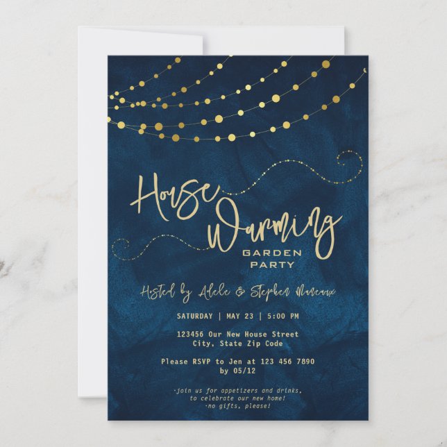 Invitación Fiesta Gold Moderno Script Light String Calentador (Anverso)