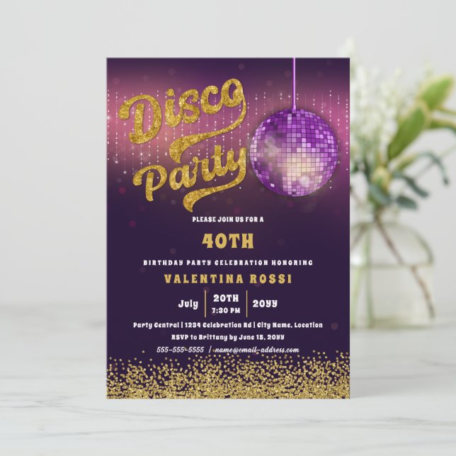 Invitación Fiesta Gold Purple Disco (Anverso de pie)