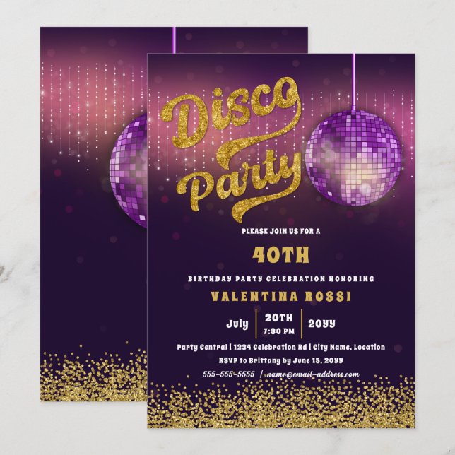 Invitación Fiesta Gold Purple Disco (Anverso / Reverso)