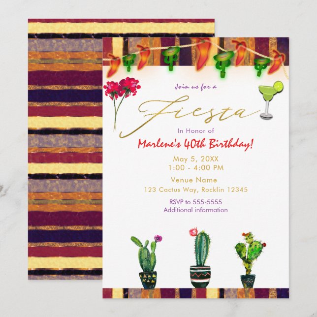 Invitación FIESTA Gold Suroeste Cactus Fiesta de Cumpleaños (Anverso / Reverso)