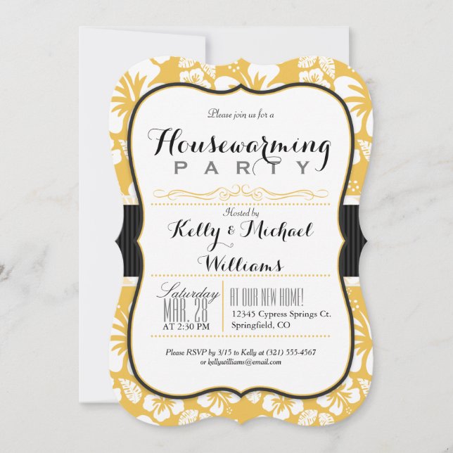 Invitación Fiesta Golden Yellow & White Tropical (Anverso)