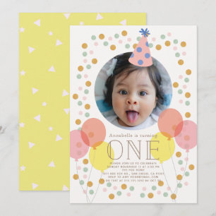 Invitación Fiesta Gorra y globos Foto rosa Primer cumpleaños