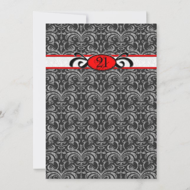 Invitación Fiesta gótica de cumpleaños Red & Black Damask (Anverso)