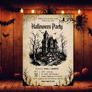 Invitación Fiesta gótica de Halloween de casa embrujada vinta
