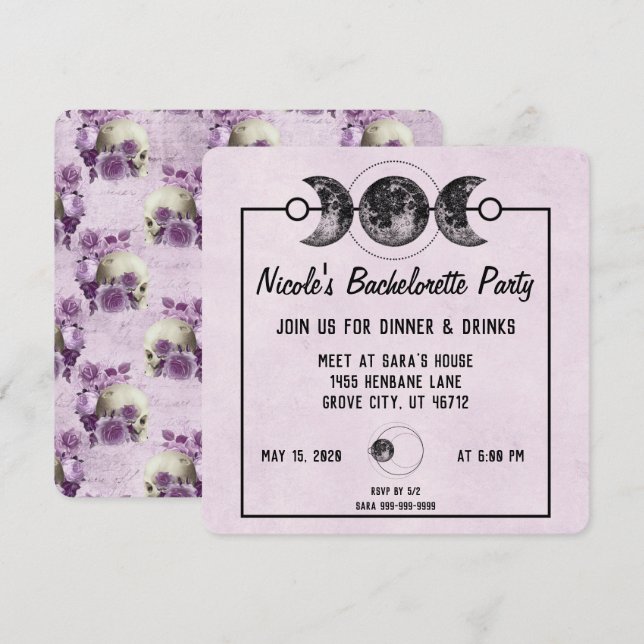 Invitación Fiesta gótica de morado de cráneo invita (Anverso / Reverso)