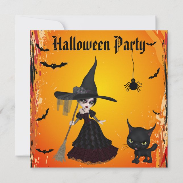 Invitación Fiesta gótico lindo de Halloween de la bruja y del (Anverso)