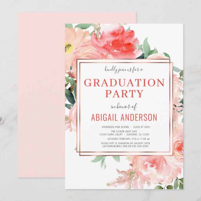 Invitación Fiesta Grad de Coral Floral Peach Modern 2023 (Anverso / Reverso)