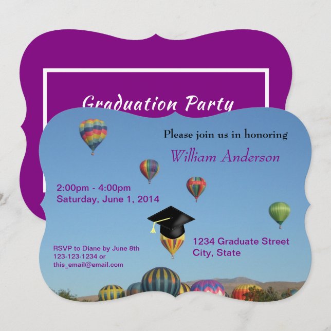 Invitación Fiesta Grad Simple Púrpura Globo de Aire Caliente  (Anverso / Reverso)