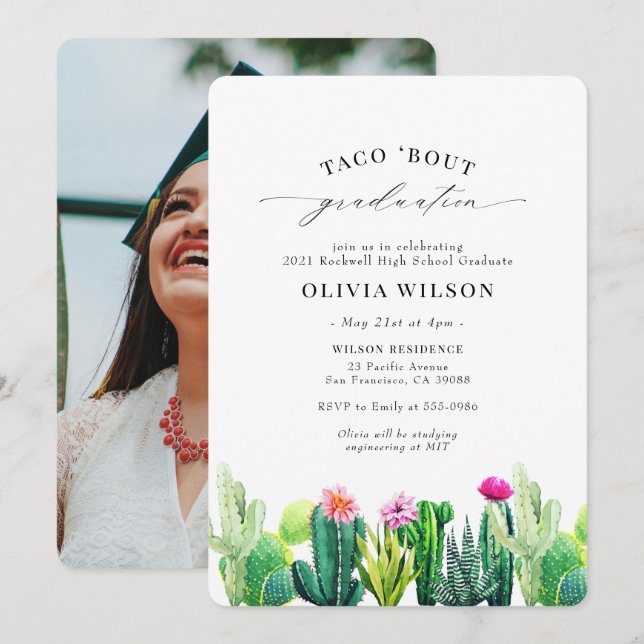 Invitación Fiesta Graduación Taco 'Bout Cactus (Anverso / Reverso)