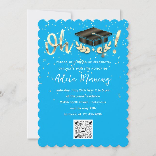 Invitación Fiesta Graduado de Confetti Dorado Código QR Azul (Anverso)