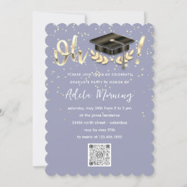 Invitación Fiesta Graduado de Confetti Dorado Código QR Azul 