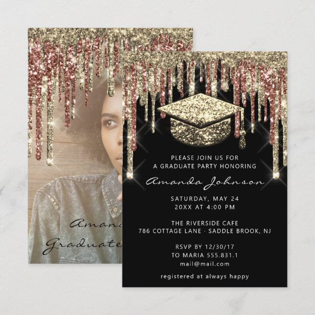 Invitación Fiesta graduado, Purpurina, foto Rosa de oro negro (Anverso / Reverso)