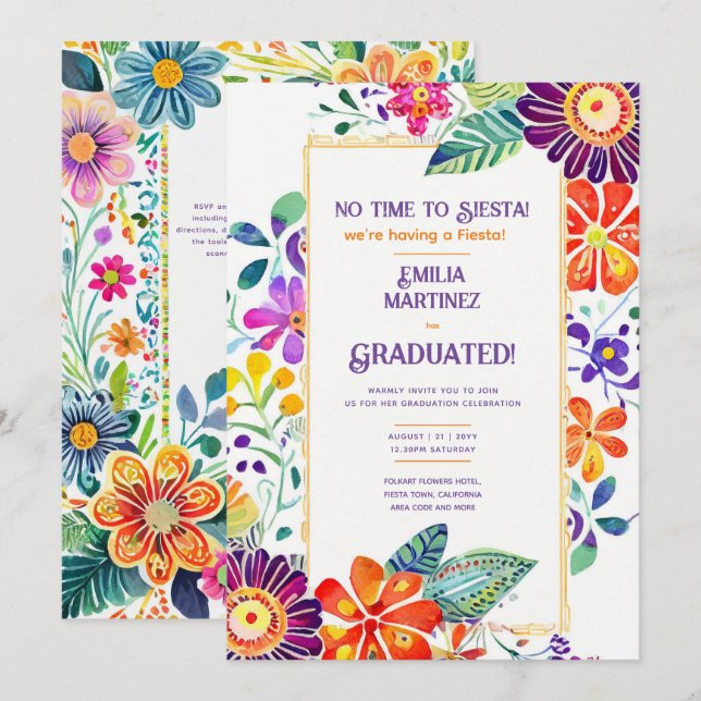 Invitación FIESTA GRADUATION Folkart Flowers Tema (Anverso / Reverso)