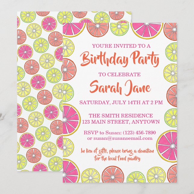 Invitación Fiesta Grapefruit Naranja de limón de cítricos (Anverso / Reverso)