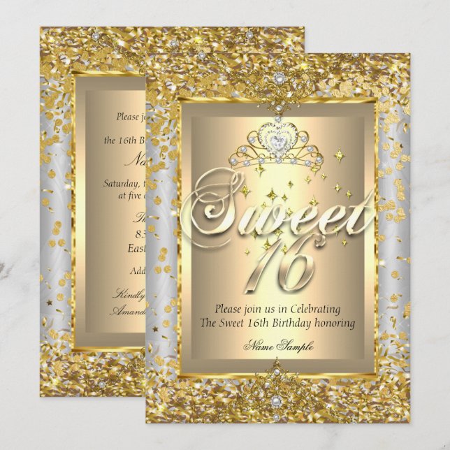 Invitación Fiesta gris dorado Princess Sweet 16 (Anverso / Reverso)
