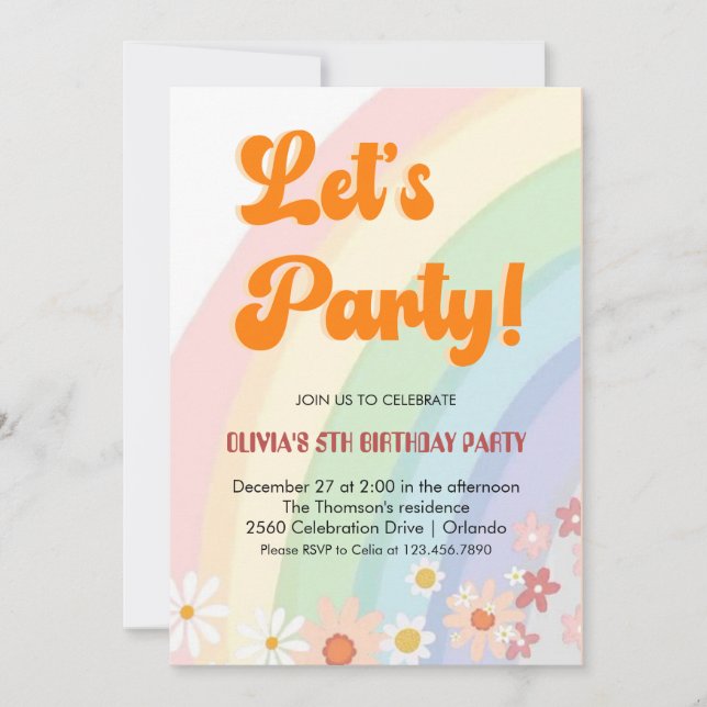 Invitación Fiesta Groovy Retro Rainbow Chica (Anverso)