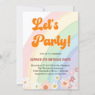 Invitación Fiesta Groovy Retro Rainbow Chica