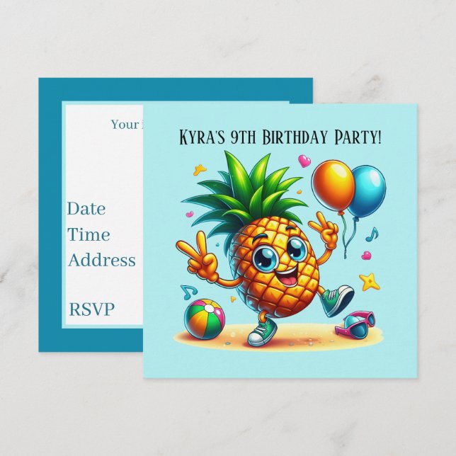 Invitación fiesta Guay Birthday beach pineapple (Anverso / Reverso)