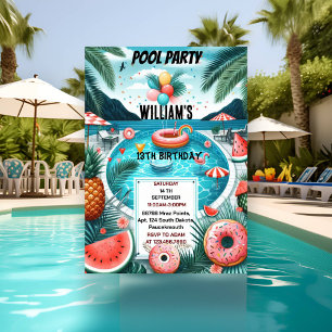 Invitación fiesta Guay Pool de agua azul para hacer chico 13 