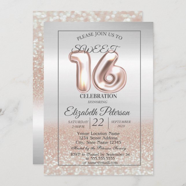 Invitación Fiesta Guay Silver Rosa Gold Bokeh Sweet 16 (Anverso / Reverso)