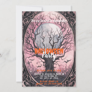 Invitación Fiesta Halloween con cielo rosa de luna llena de á