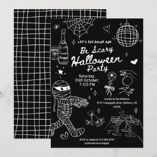 Invitación Fiesta Halloween con dibujos de Doodle en blanco y