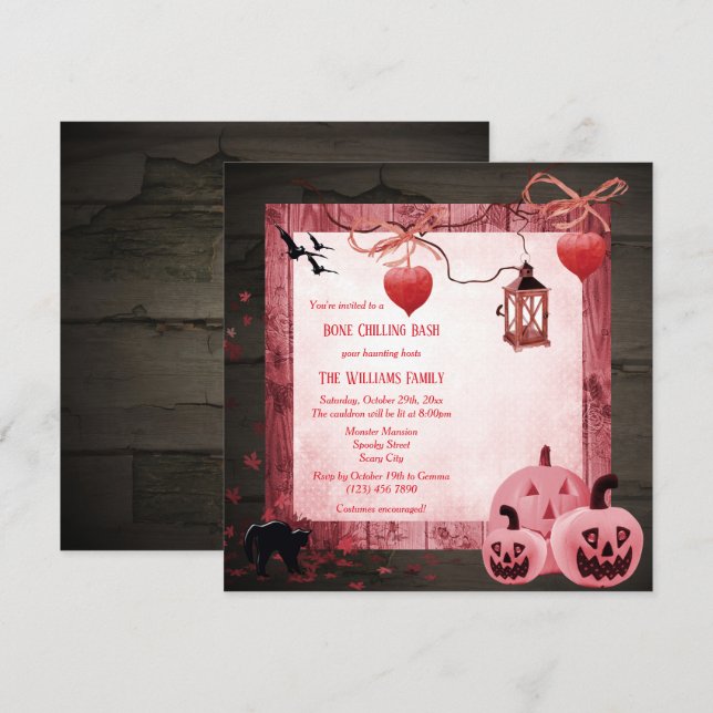 Invitación Fiesta Halloween de calabazas rosas (Anverso / Reverso)