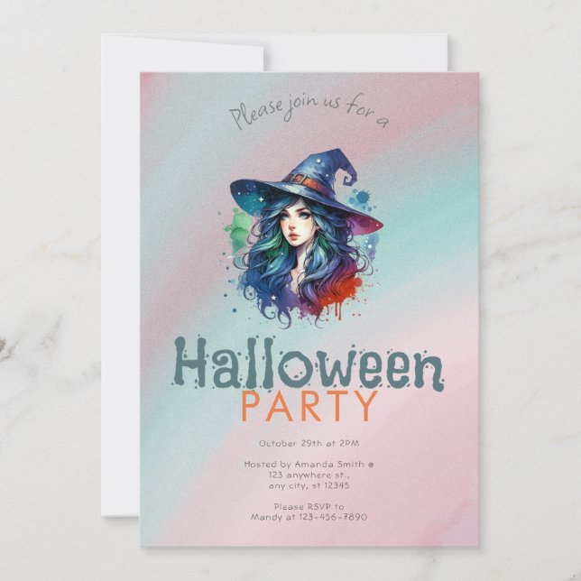 Invitación Fiesta Halloween de fondo de la bruja arco iris (Anverso)