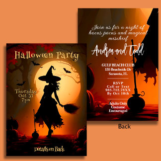 Invitación Fiesta Halloween de la escoba moderna de la siluet