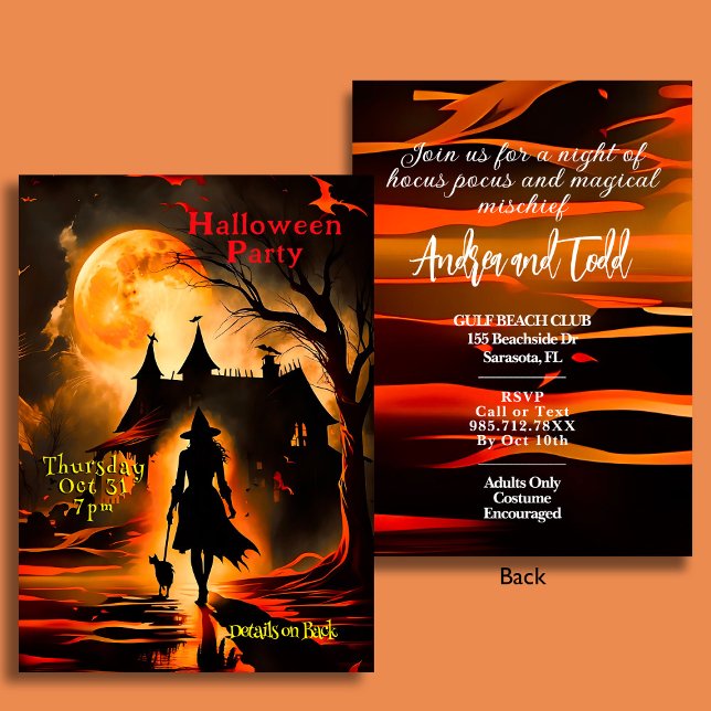 Invitación Fiesta Halloween de la silueta de brujas y gatos c (Subido por el creador)