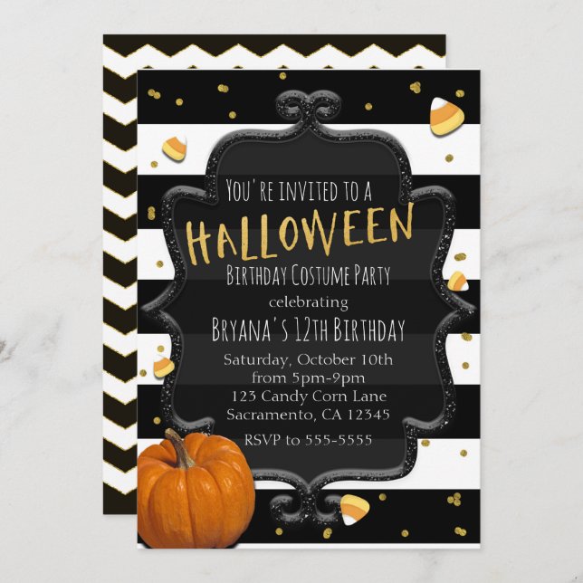 Invitación Fiesta Halloween de maíz negro y blanco a rayas (Anverso / Reverso)