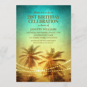 Invitación Fiesta hawaiana de cumpleaños 21 en playa tropical