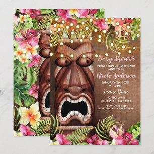 Invitación Fiesta hawaiana de Tiki de madera para baby shower