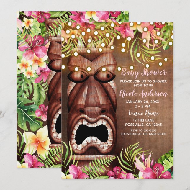 Invitación Fiesta hawaiana de Tiki de madera para baby shower (Anverso / Reverso)